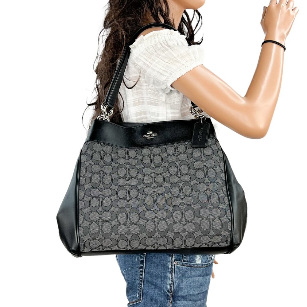 Coach Large Signature Outline Shoulder Bag Grey Black